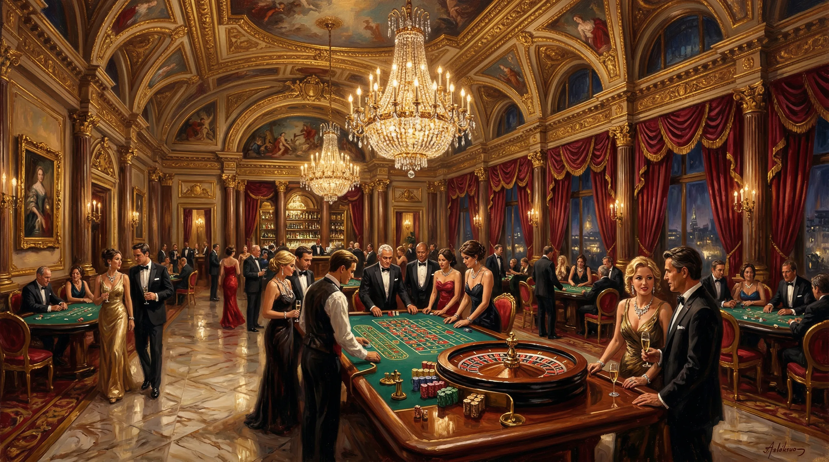 Opulent London casino interior with crystal chandeliers and roulette table